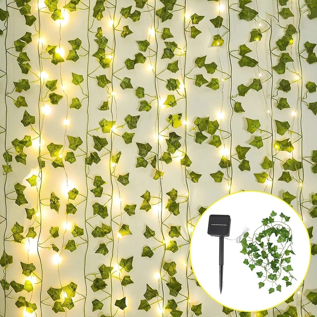 Generic outdoor garden ivy garland with lights adds warm patio glow.
