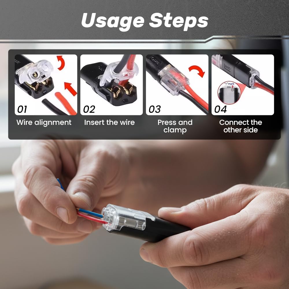 Generic plug-in connector with locking buckle during LED strip setup.