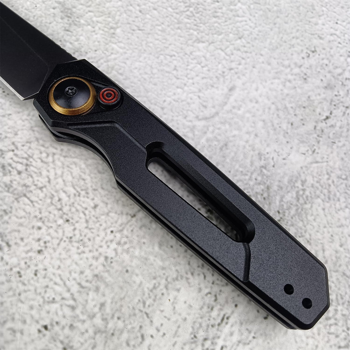 Generic push button lock knife secure blade lock improves safety.