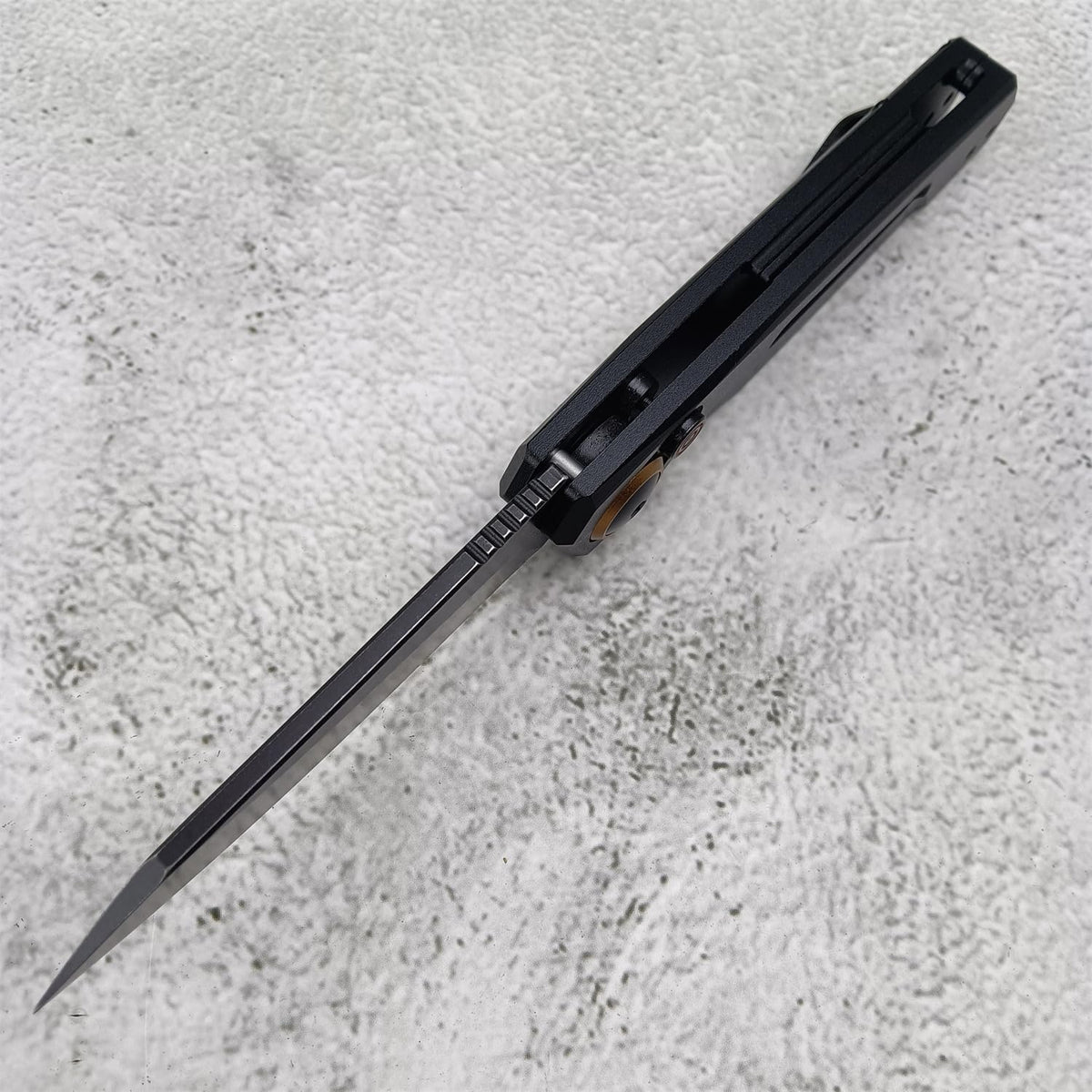 Generic push button lock knife compact EDC design fits pockets.