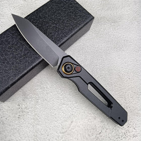 Generic push button lock knife reverse-tanto blade for rugged outdoor tasks.