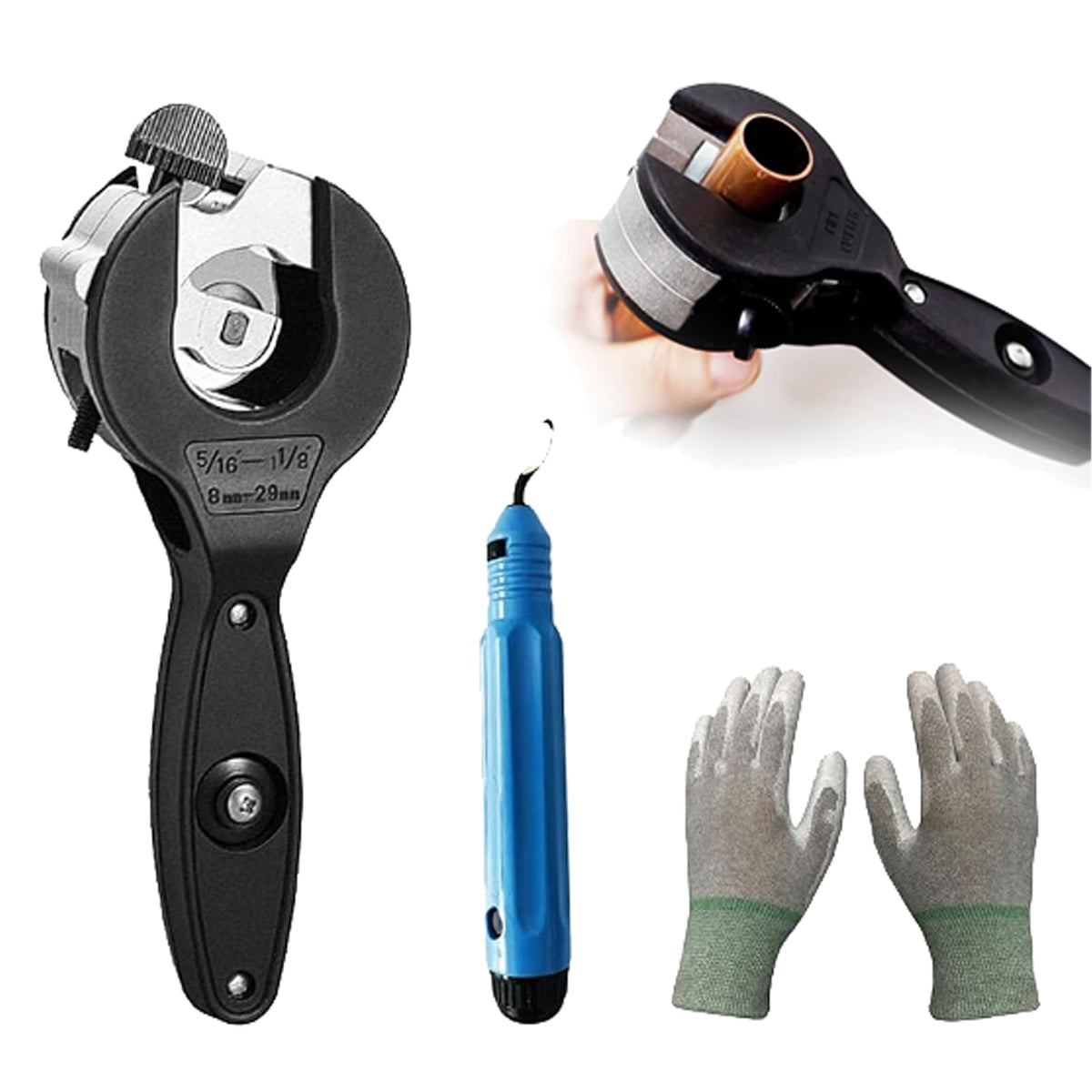 Generic Ratchet Tubing Cutter handle view cutting 5/16-1-1/8 inch pipes