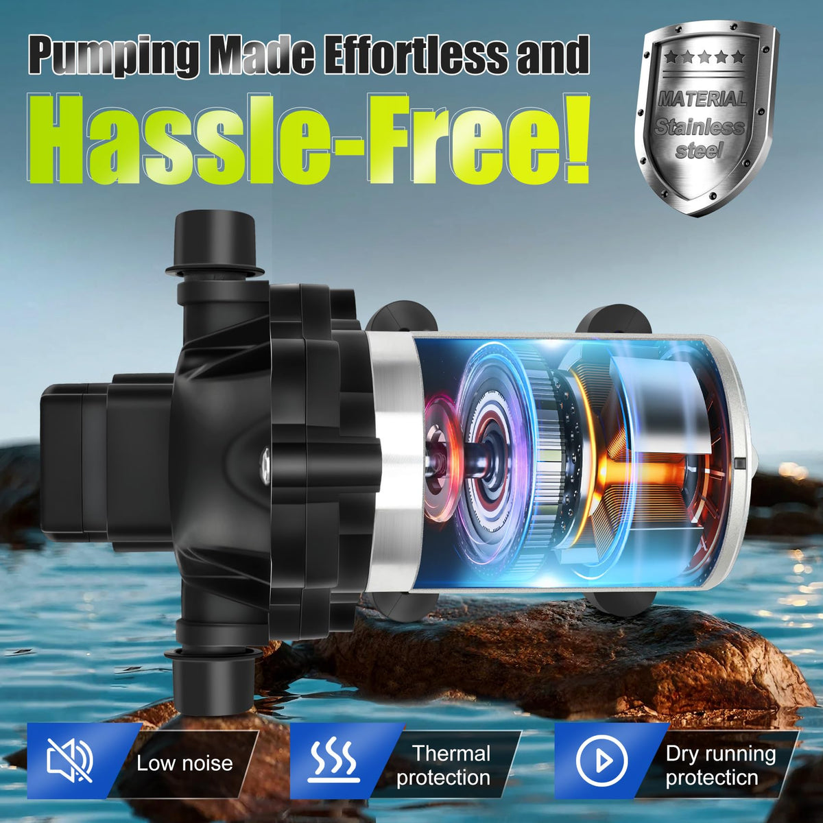 Generic RV water pump detachable filters image emphasizes easy maintenance and clean water