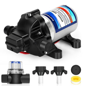 Generic RV water pump front view highlighting space-saving for travel setups