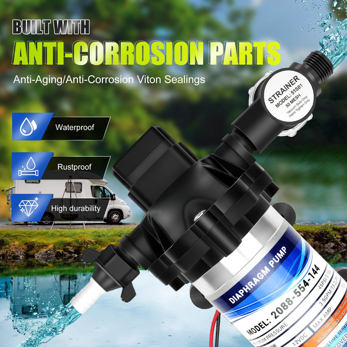 Generic RV water pump half-npt connection image highlights versatile fitting compatibility