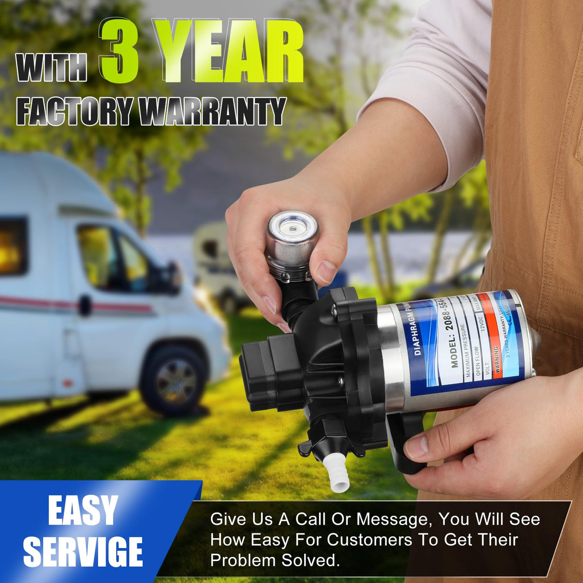 Generic RV water pump in-use application shows reliable performance on the road