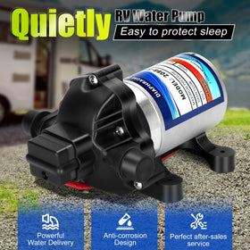 Generic RV water pump quiet operation highlights whisper-quiet performance during camping
