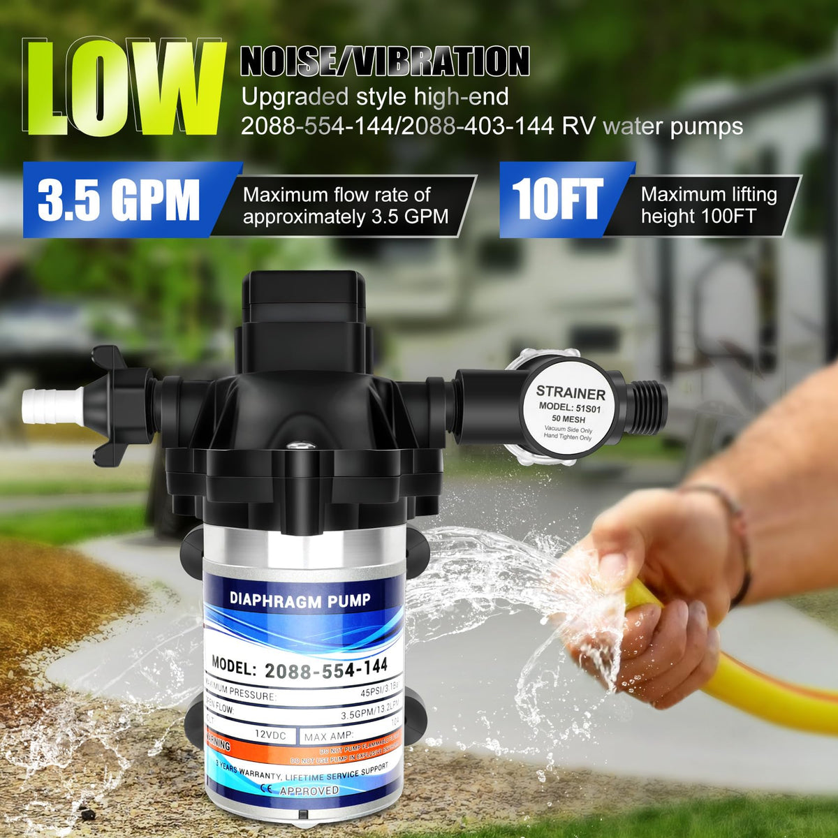 Generic RV water pump side view emphasizes slim profile for tight compartments