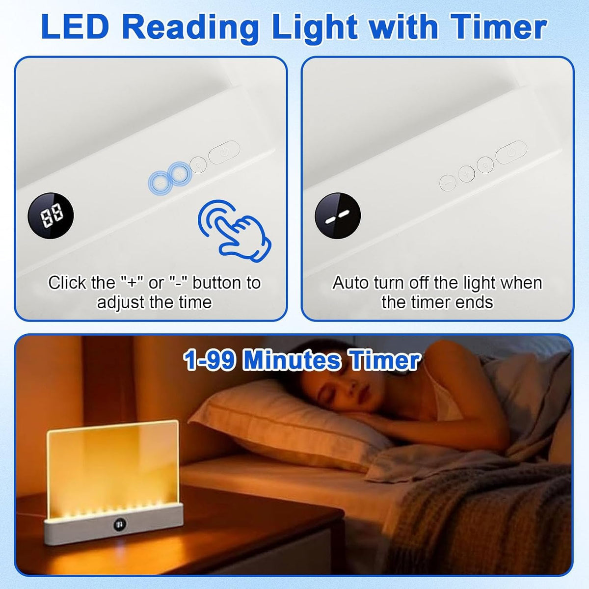Generic Smart Led Reading Light timer display enables auto-off convenience.