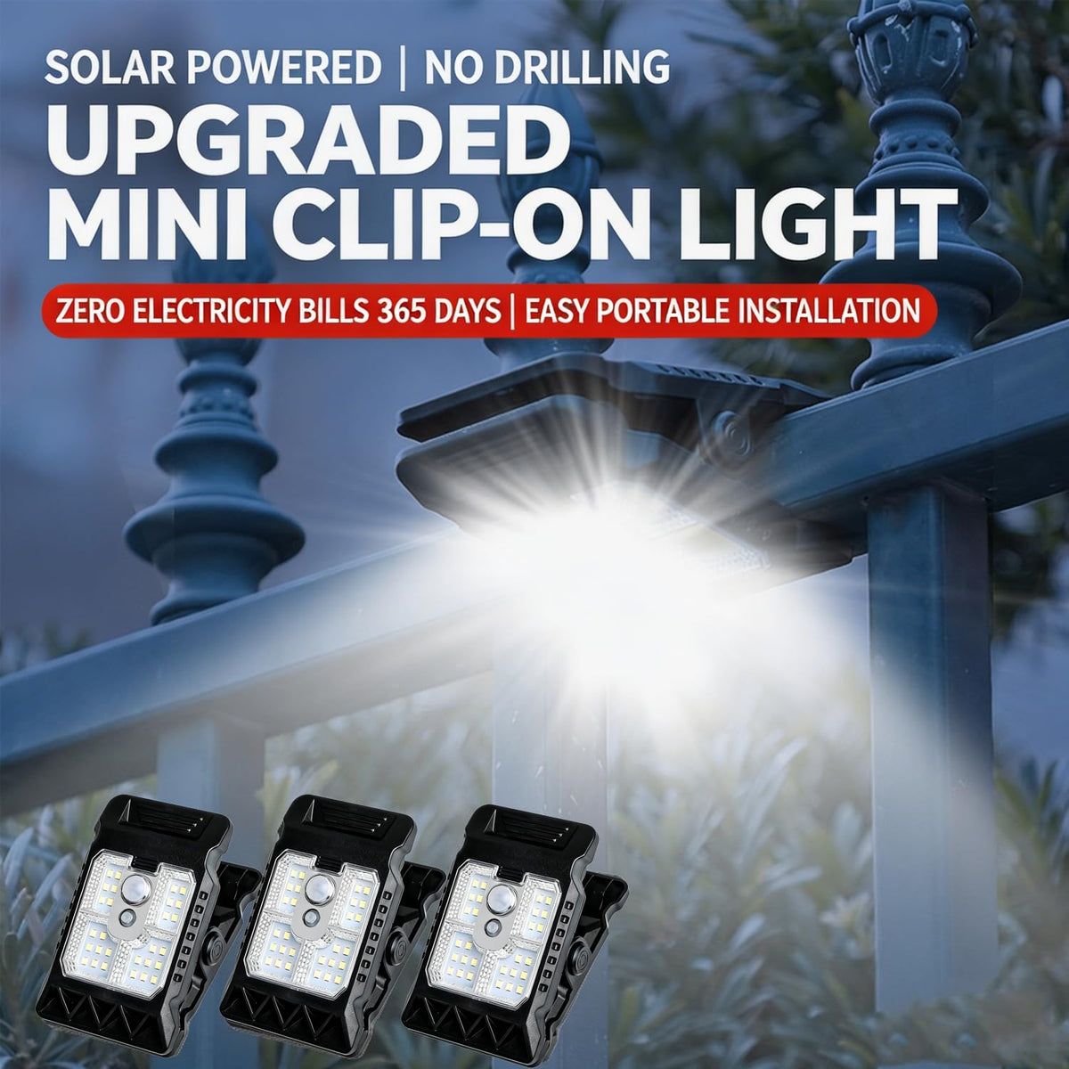 Generic Solar Clip Light motion-sensor activation close-up showing automatic night lighting.