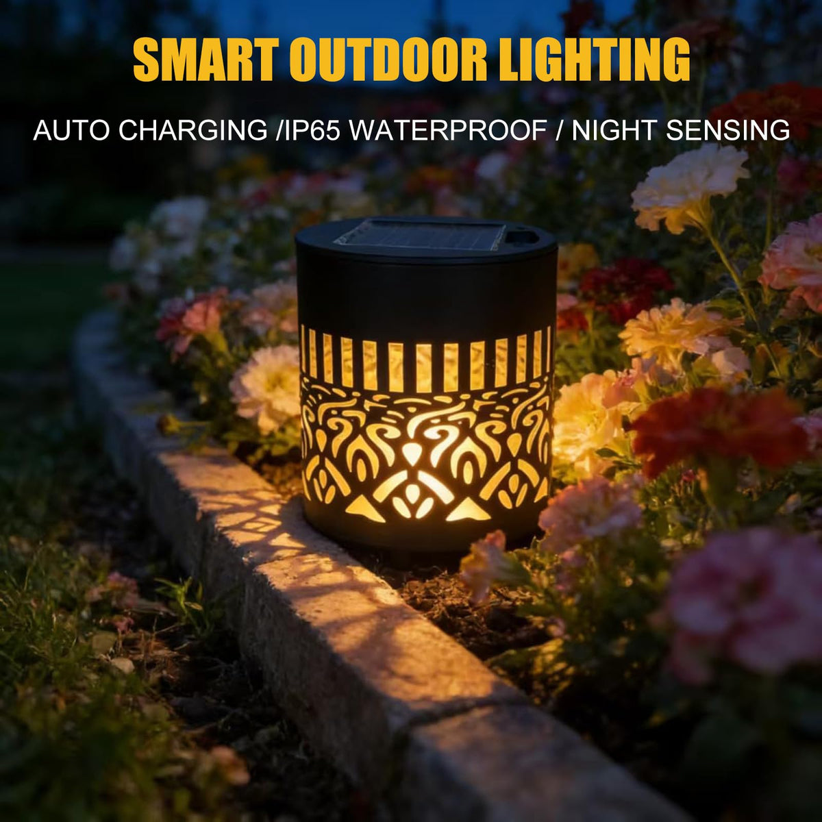Generic Solar-Powered Mandala Lights brighten a deck edge with warm, inviting glow