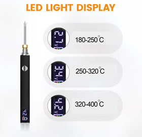 Generic soldering pen displays LED readout for real-time battery and temperature visibility.