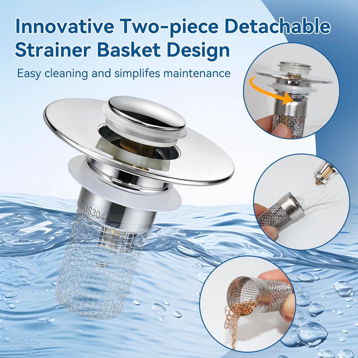 Generic stainless steel drain filter closeup highlights rust-free, durable construction.