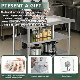 Generic stainless steel workbench side view emphasizes solid frame and adjustable feet stability.