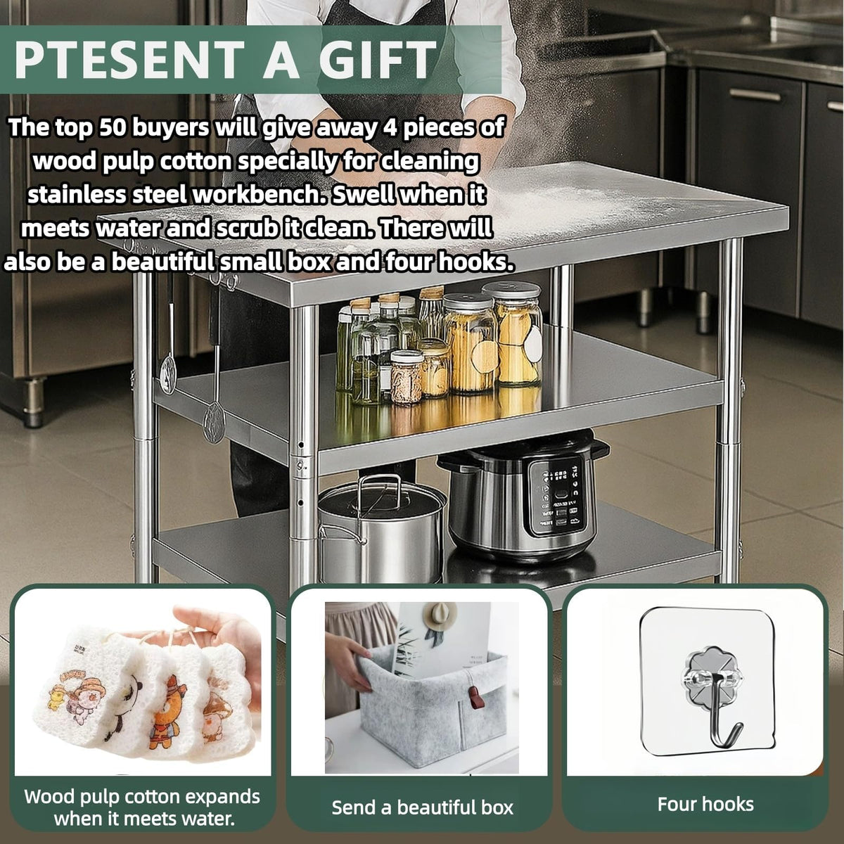 Generic stainless steel workbench side view emphasizes solid frame and adjustable feet stability.