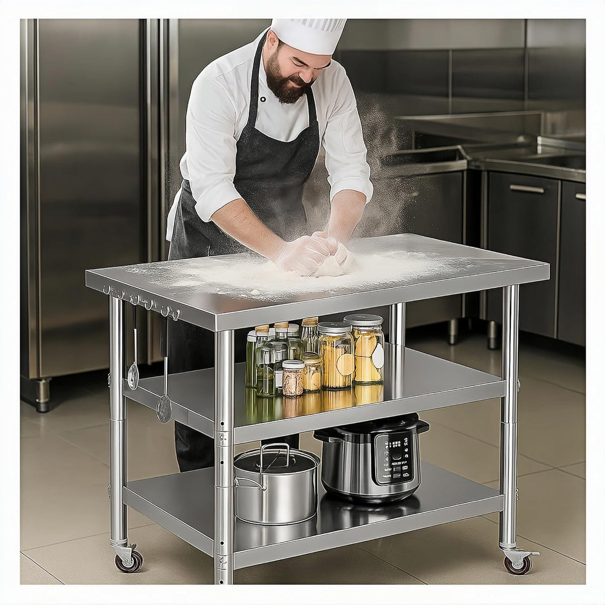 Generic stainless steel workbench top view highlights durable, corrosion-resistant surface for busy prep.