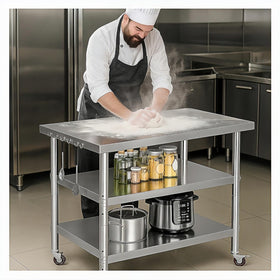 Generic stainless steel workbench top view highlights durable, corrosion-resistant surface for busy prep.