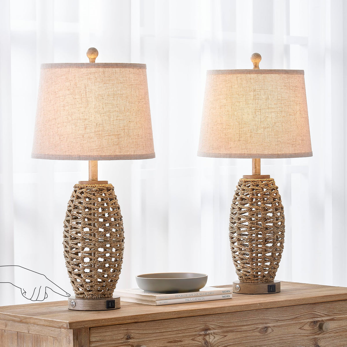 Generic table lamps with USB charging port keep devices powered while relaxing.