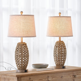 Generic table lamps with USB charging port keep devices powered while relaxing.