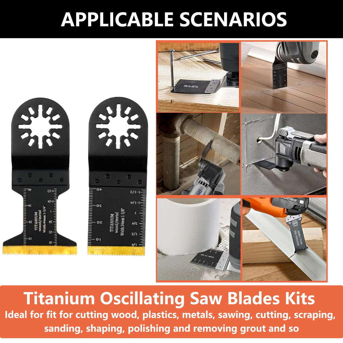 Generic blades in use cutting metal, wood, and plastic with precision