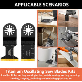 Generic blades in use cutting metal, wood, and plastic with precision