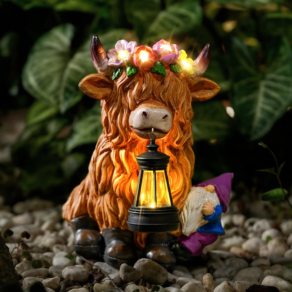 Generic TOLIMI garden lantern Highland cow with gnome for whimsical yard decor.