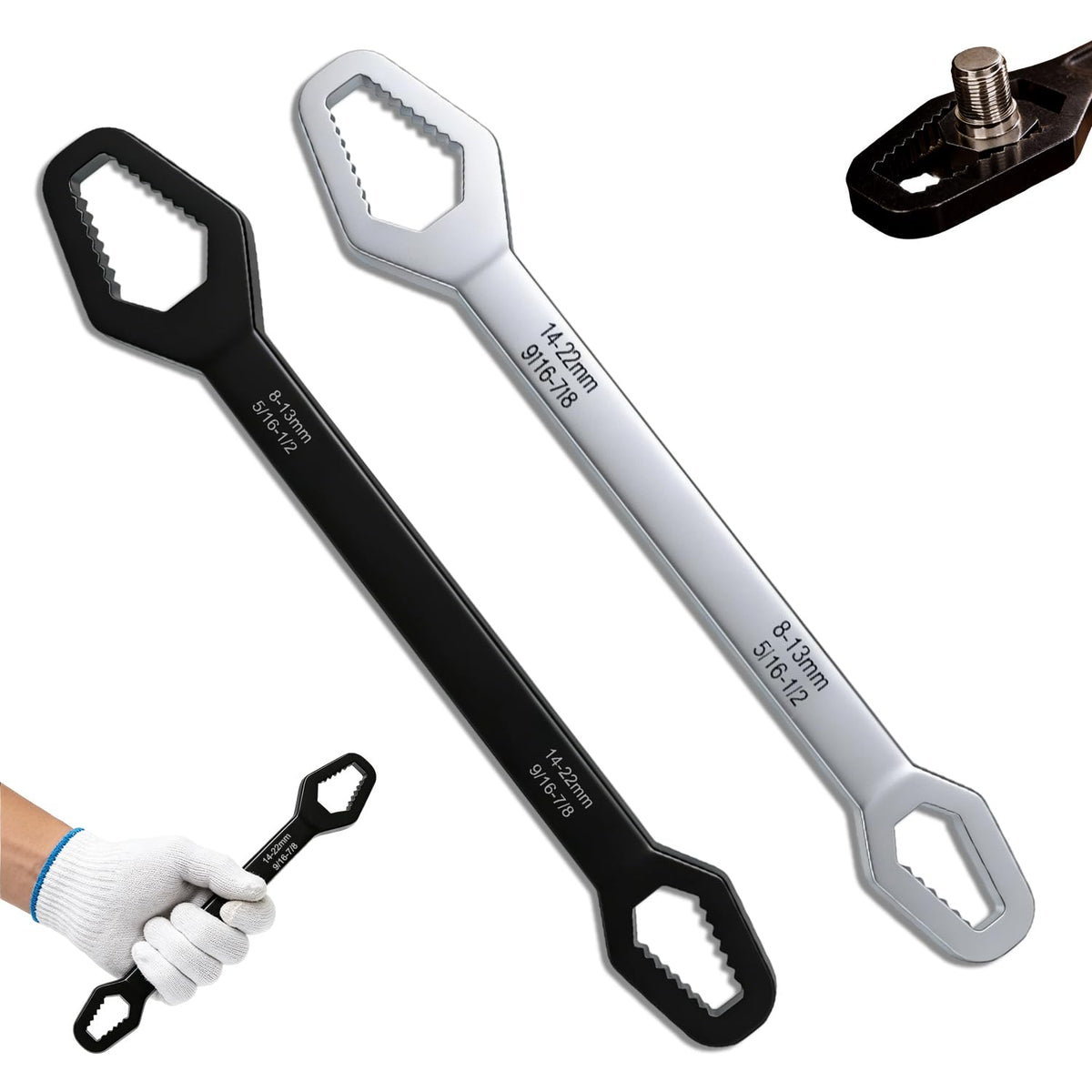 Generic Universal Double Ended Wrench front view showing dual-size heads for versatile grip.