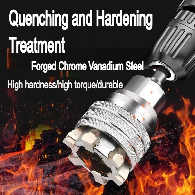 Generic Universal Socket Wrench used with drill and ratchet in a workshop.