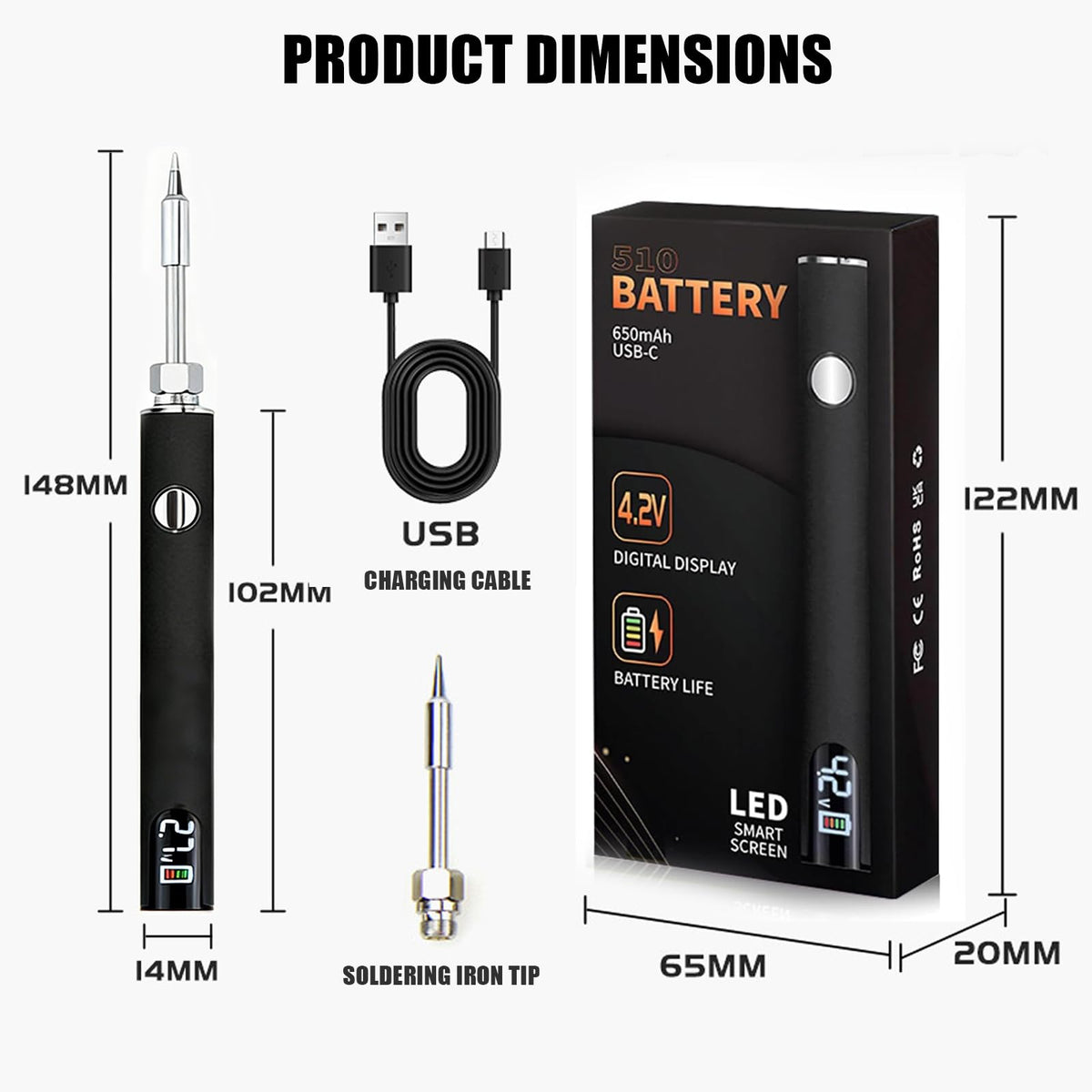Generic USB-C rechargeable soldering pen provides cordless convenience for on-the-go tasks.