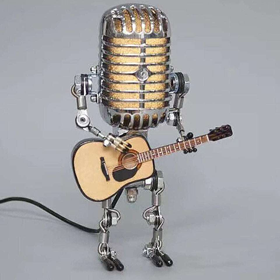 Generic Vintage Microphone Guitar Lamp side view, compact desk glow for evenings.