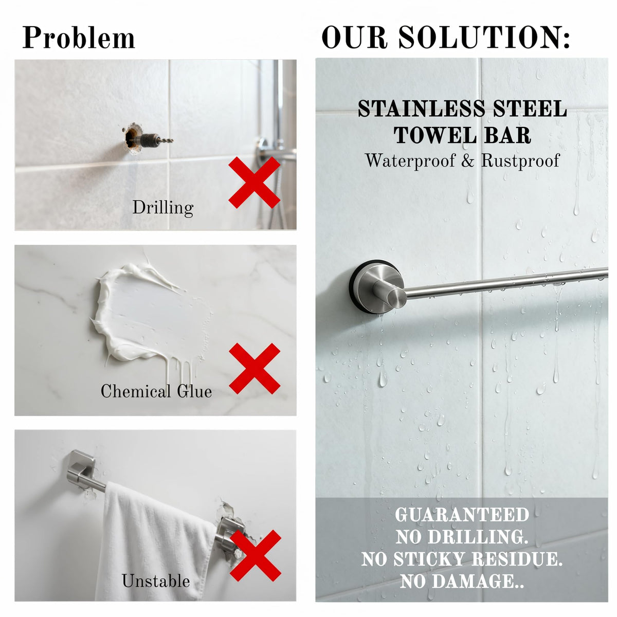 Generic wall mounted no drill towel holder installed on glass or tile surfaces
