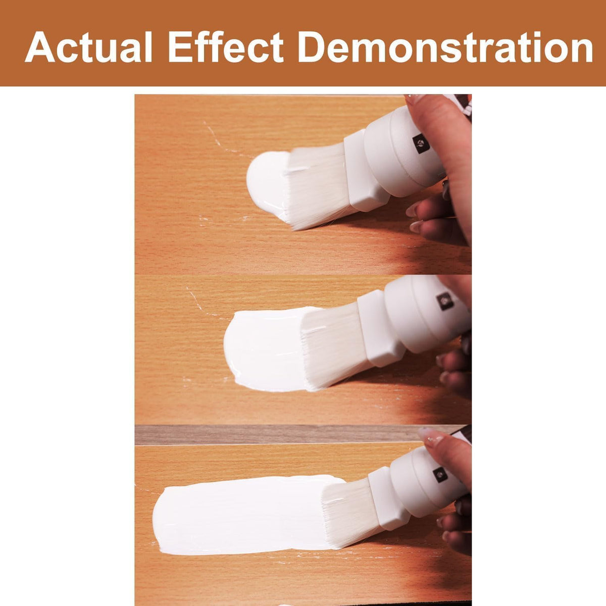 Generic white wood scratch repair brush applying on a cabinet.