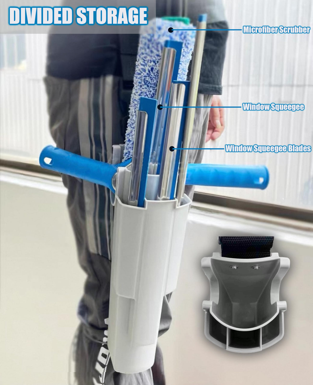 Generic window cleaning holster squeegee holder for quick tool swaps