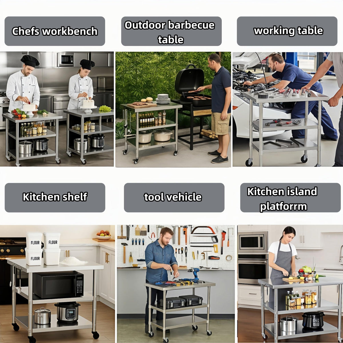 Generic stainless steel workbench organization features shelves and accessories for efficient workflow.