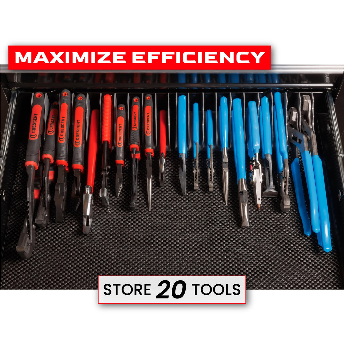 Generic wrench and plier storage with 7-8in slots supports versatile tool types