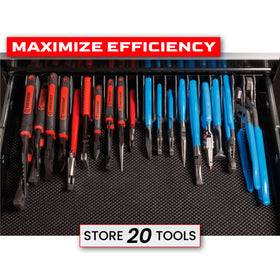 Generic wrench and plier storage with 7-8in slots supports versatile tool types