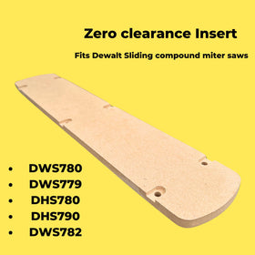 Generic zero clearance insert for Dewalt DHS790 side view reduces tear-out on fine stock.