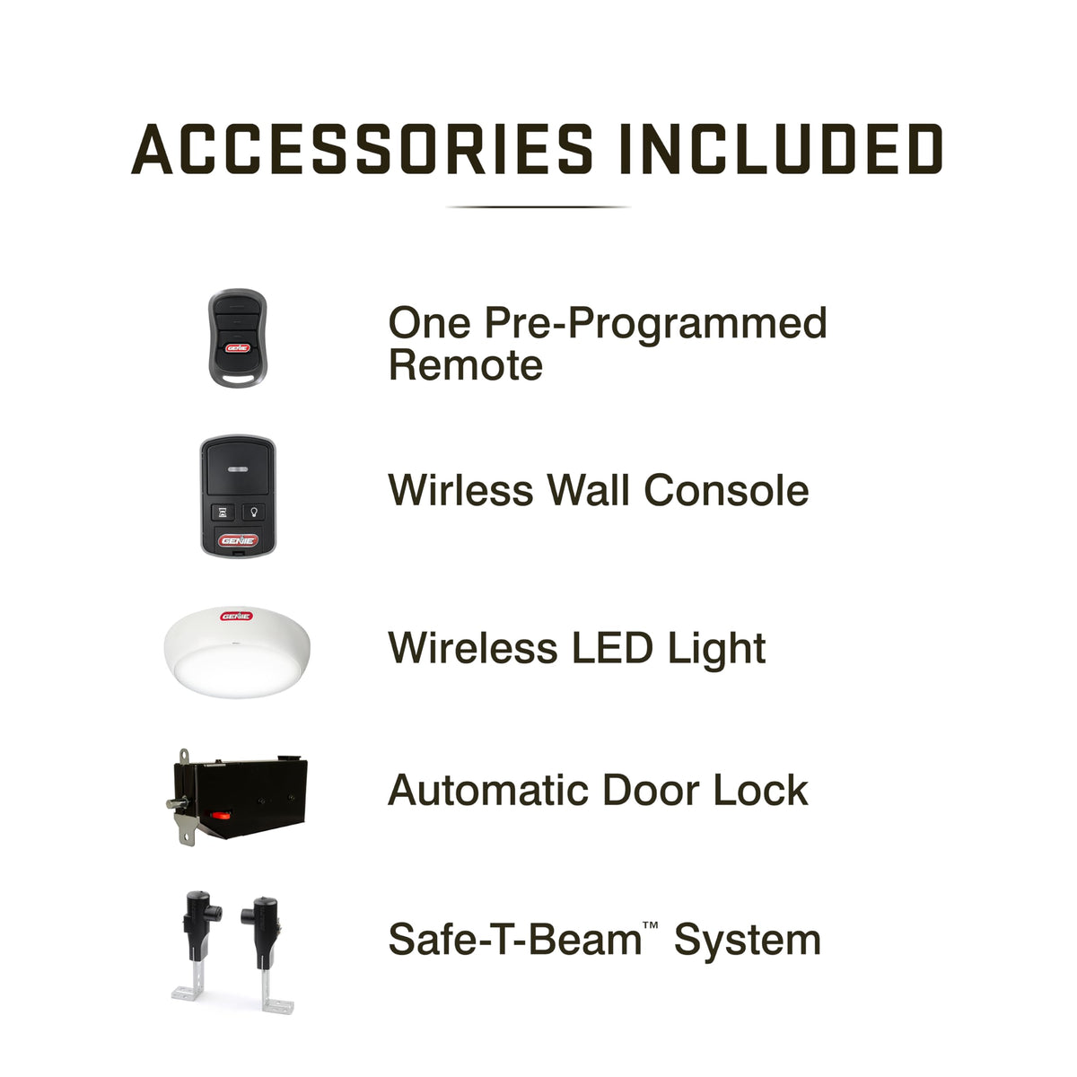 Genie 6072H-O wireless remote and LED light for easy daily use.