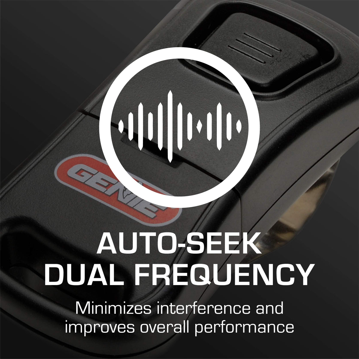 Genie G1T remote back view indicates compatibility with Intellicode setups.
