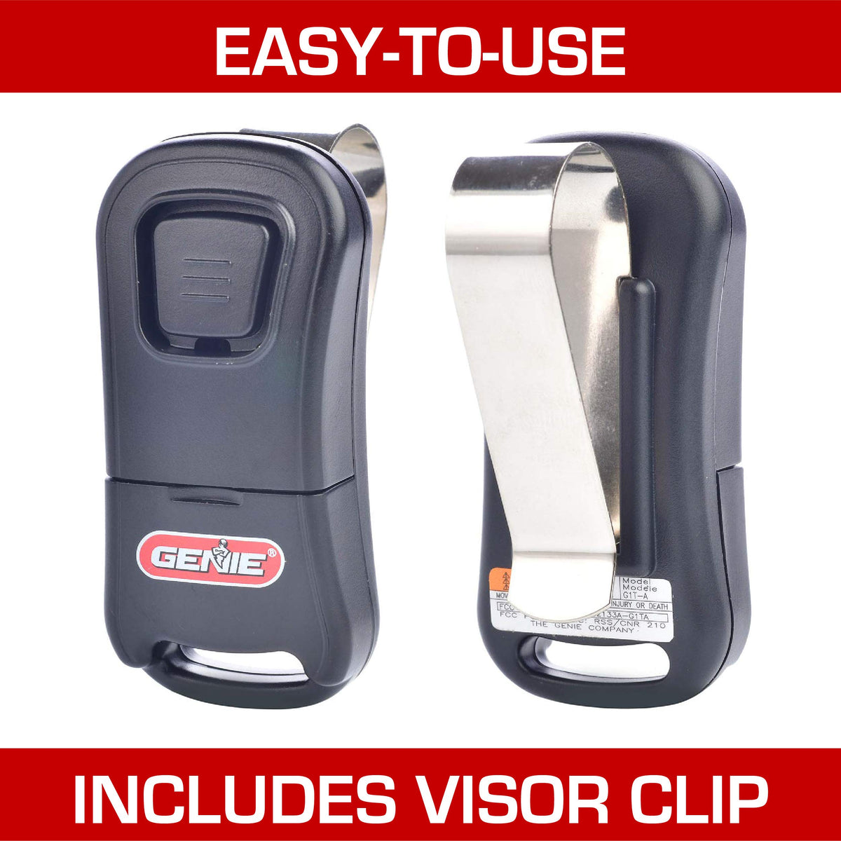 Genie G1T remote visor clip demonstrates in-vehicle attachment for hands-free access.