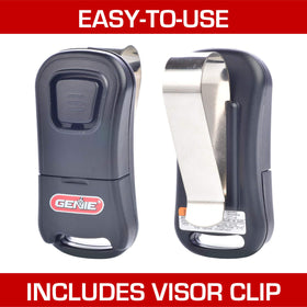 Genie G1T remote visor clip demonstrates in-vehicle attachment for hands-free access.