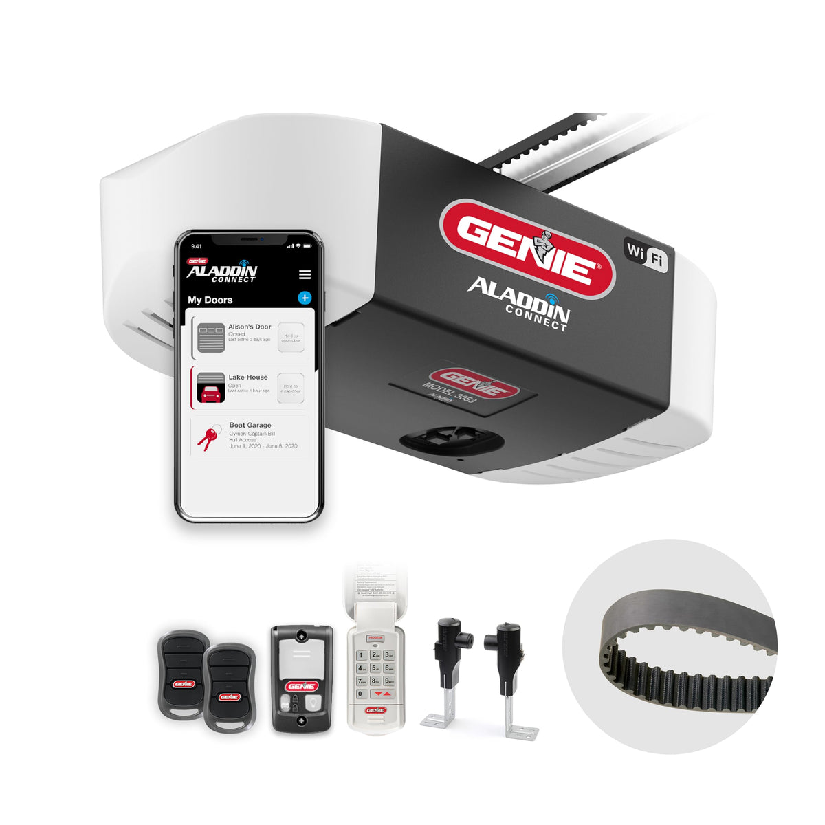 Genie QuietLift Connect rail system shown for easy installation and quiet operation.
