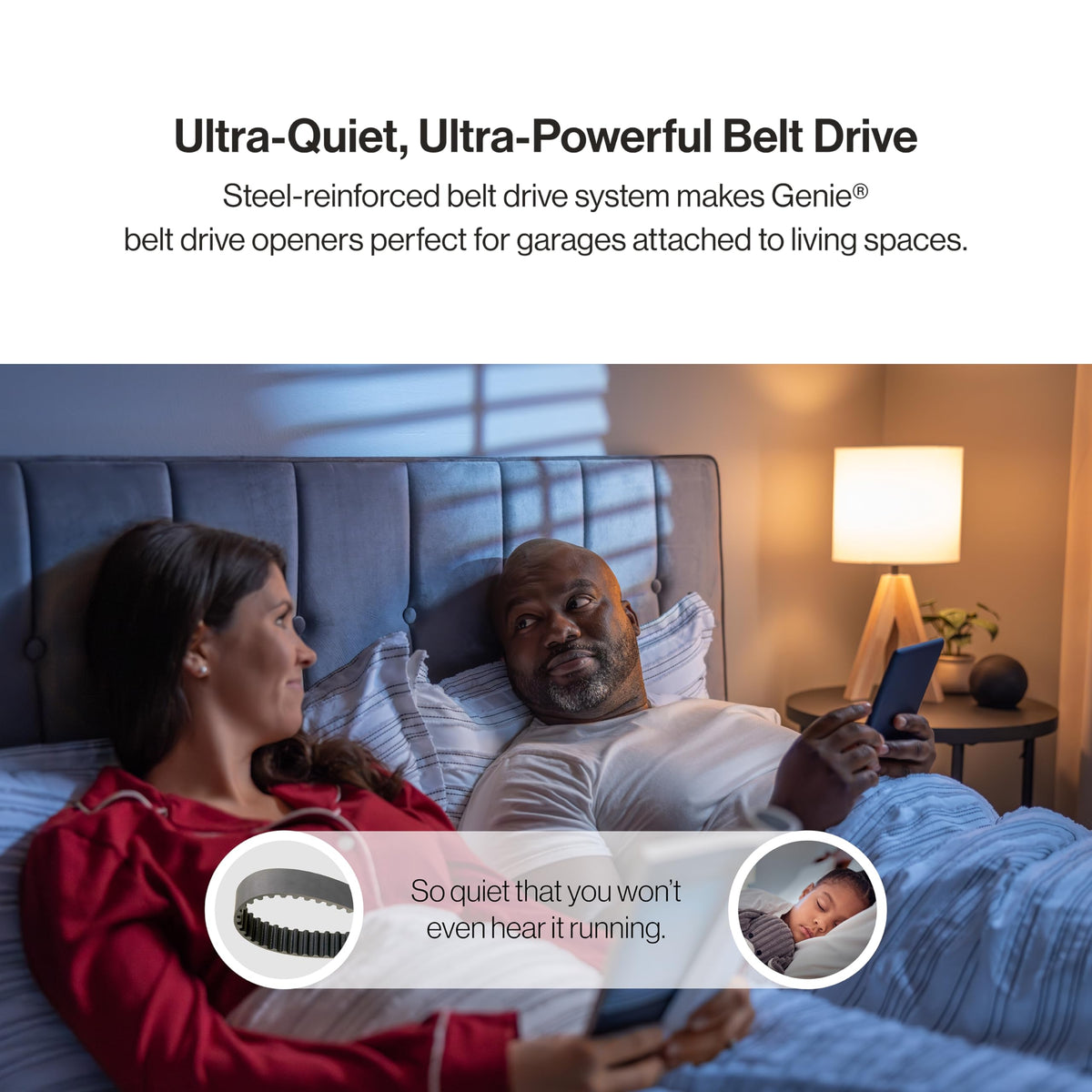 Genie QuietLift Connect app control demonstrates remote garage access from anywhere.