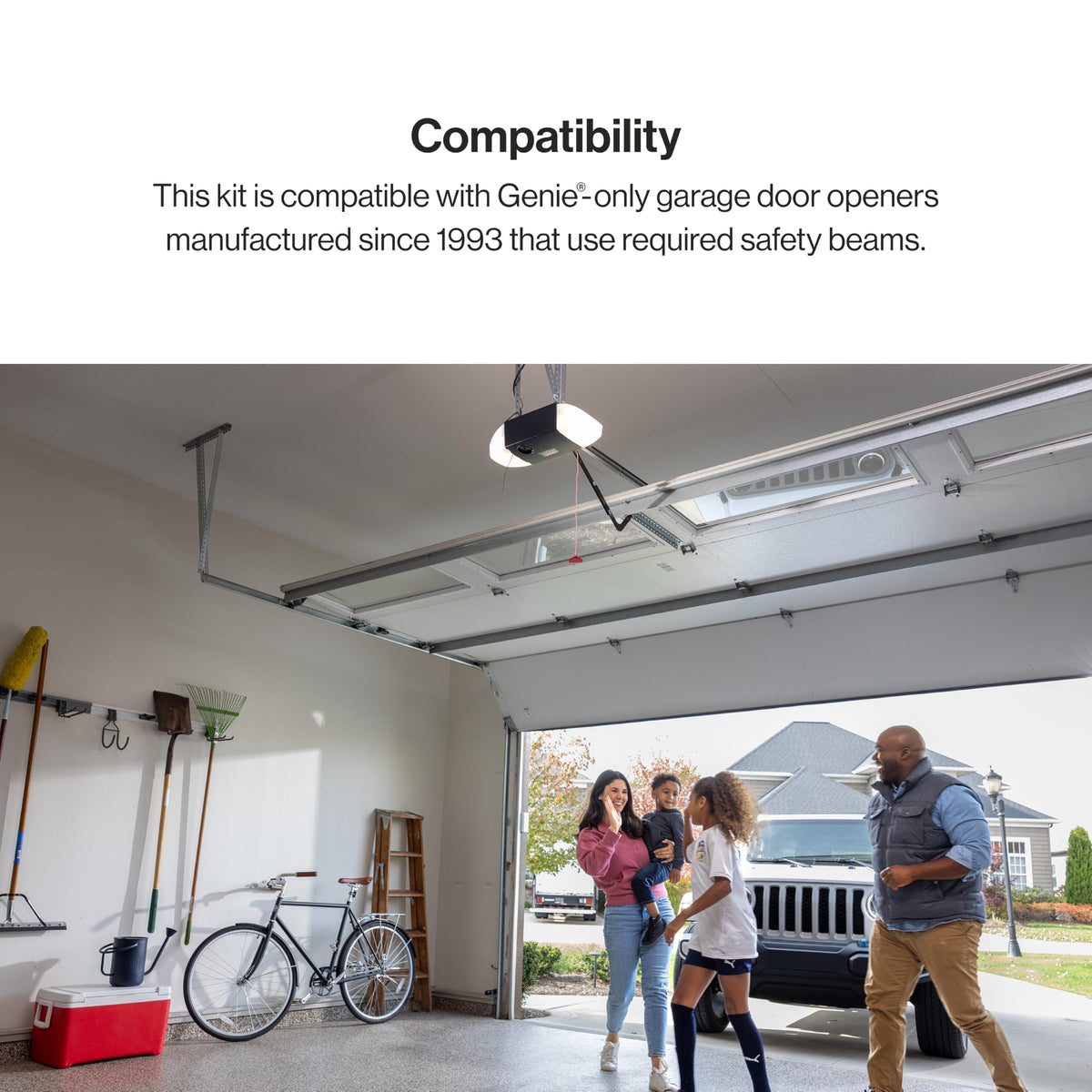 Genie Safe-T-Beam infrared sensor creates an invisible safety beam across the doorway.