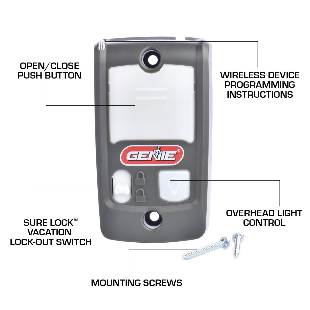 Genie Series II wall console slide lock secures remotes during vacations.