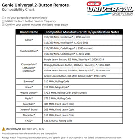 Genie Universal 2-Button Remote with battery included for quick setup.