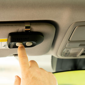 Genie Universal 2-Button Remote with visor clip attachment keeps it handy.