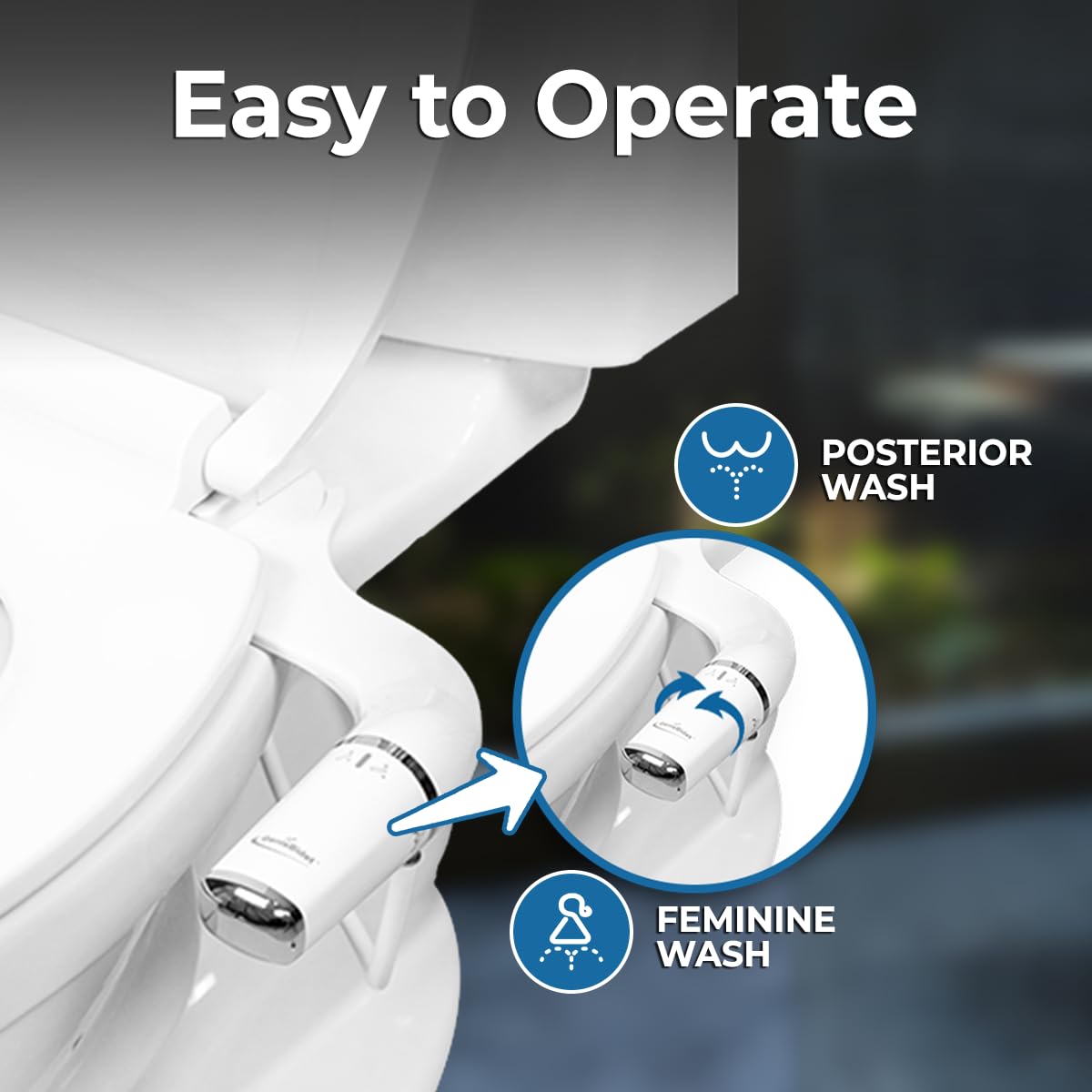 GenieBidet illustration showing easy installation without electrical wiring.