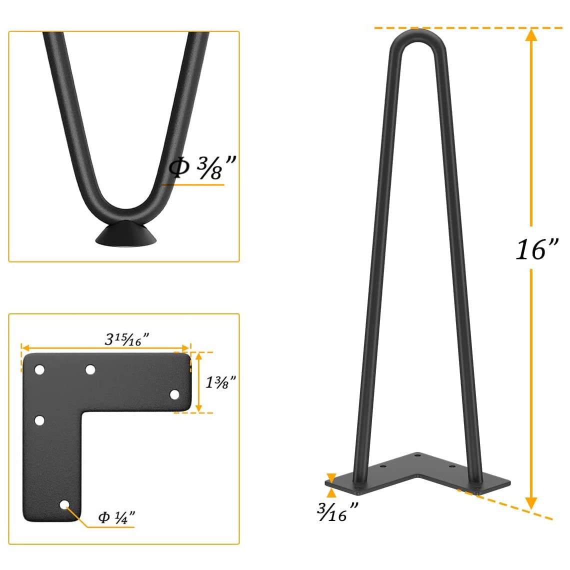 Genius Iron hairpin table legs with black finish and rubber feet protect floors