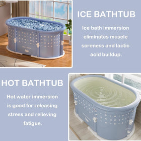 Genrenyen oval folding tub opened to reveal spacious soaking area.